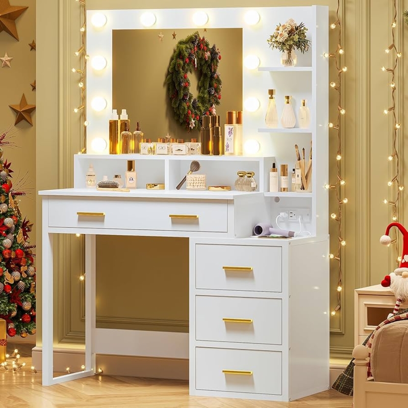Makeup Vanity with Hollywood Lit Mirror, Tiered Storage & Outlets