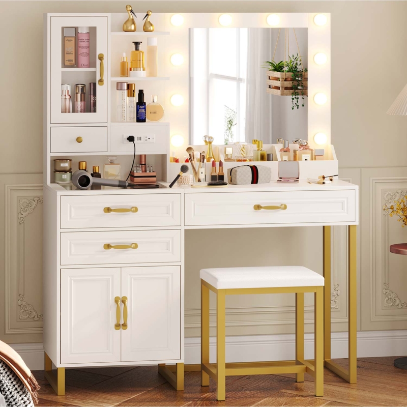 Makeup Vanity with Hollywood Mirror and Glass Top White & Gold Set