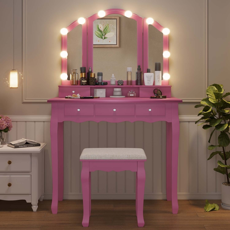 Makeup Vanity with Lighted Trifold Mirror and Scalloped Apron Detail