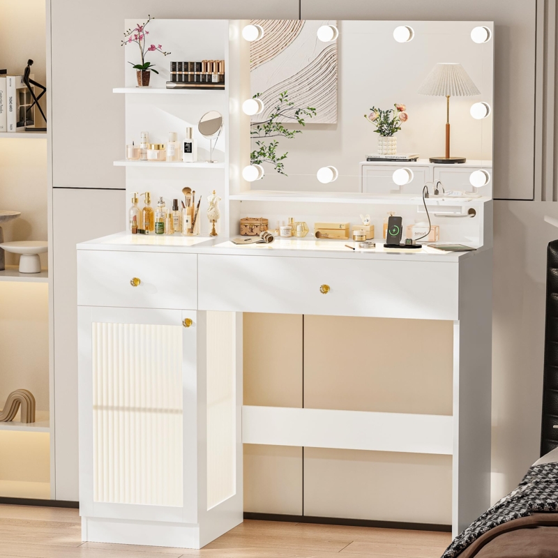 Makeup Vanity with Reeded Glass Door, Power Outlet & Lights