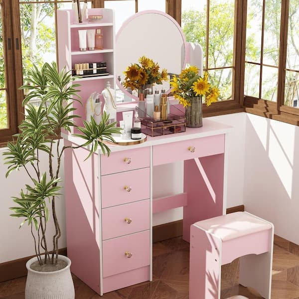 Makeup Vanity with Round Mirror, Integrated Shelving, Pink and White