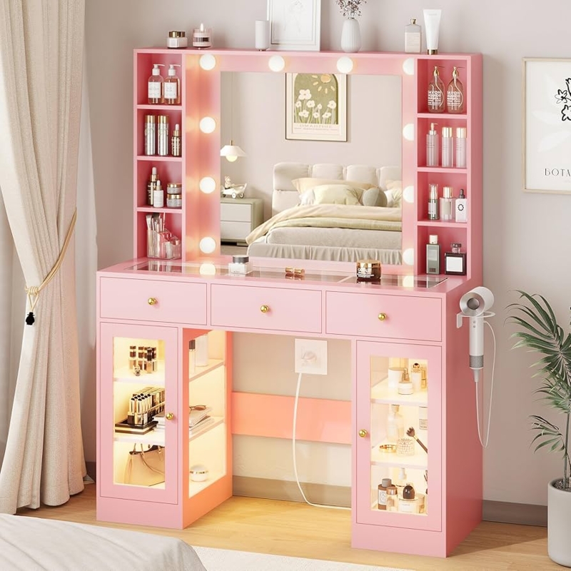 Makeup Vanity with See-Through Glass Top and Lit Cabinets
