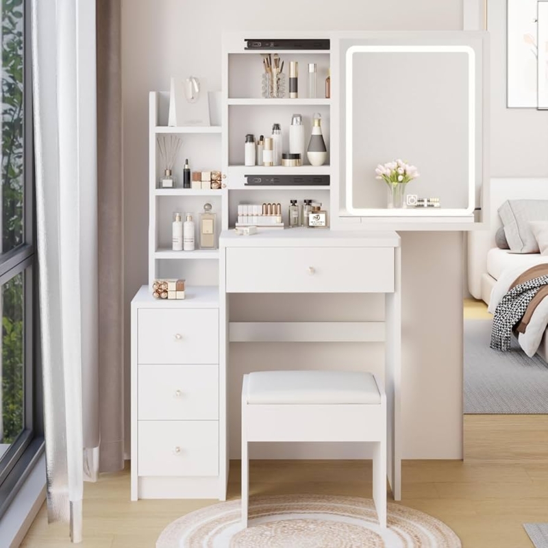Makeup Vanity with Sliding LED Mirror & Side Storage Chest