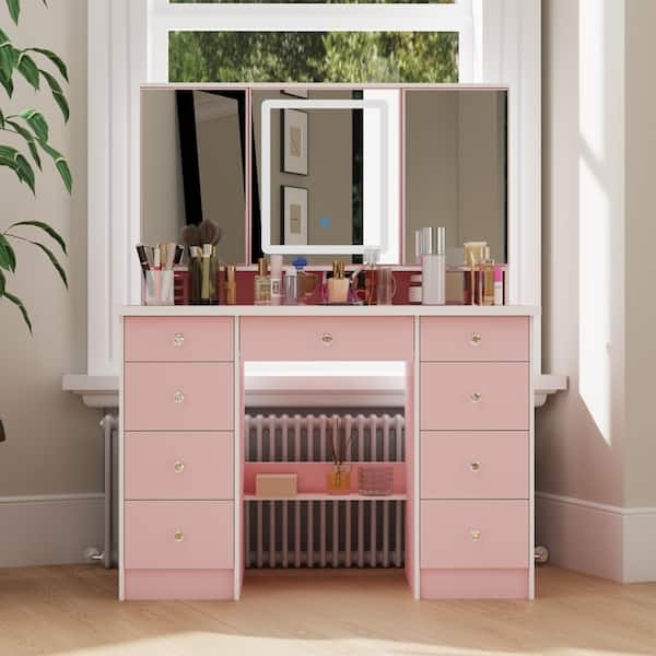 Makeup Vanity with Three-Part LED Mirror and Nine Drawers