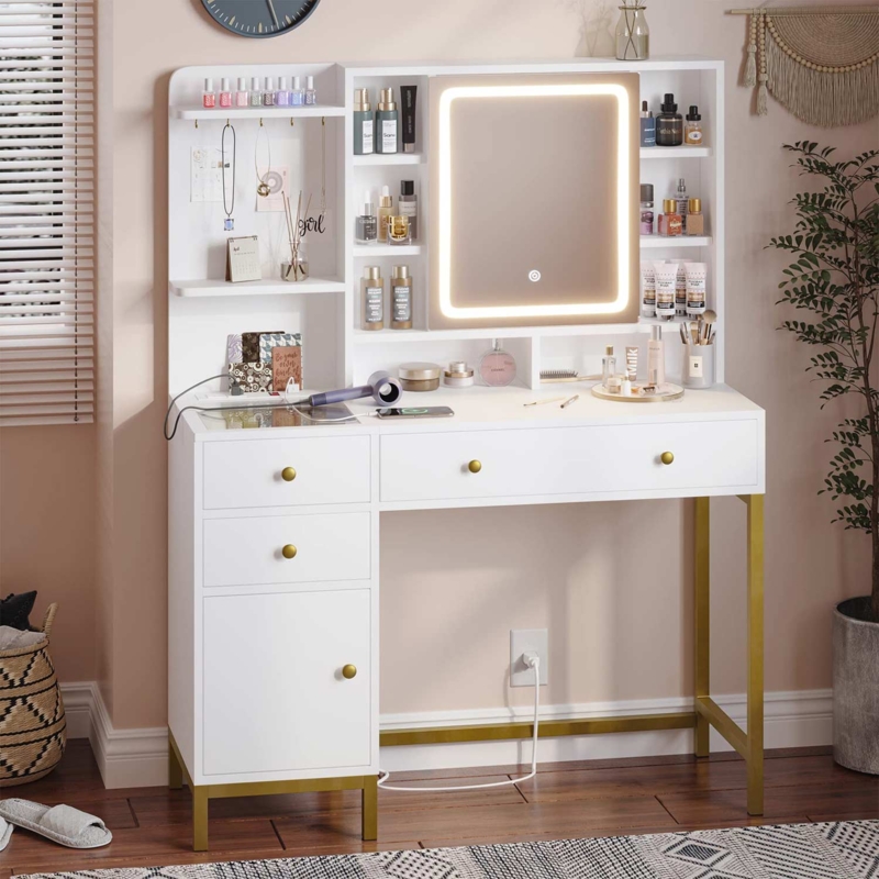 Makeup Vanity with Tiered Hutch, LED Mirror & Gold Metal Legs