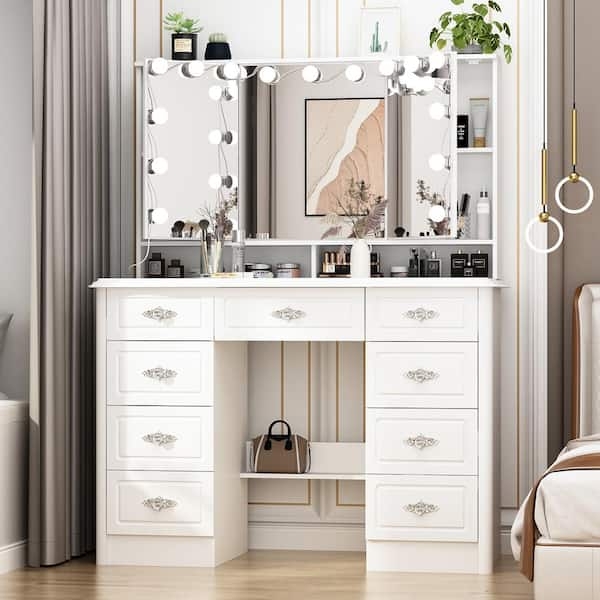 Makeup Vanity with Tri-Fold Hollywood Mirror and Carved Handles