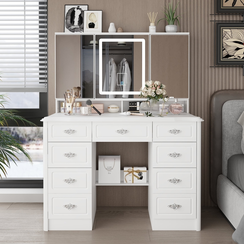 Makeup Vanity with Tri-Fold LED Mirror and Nine Drawers