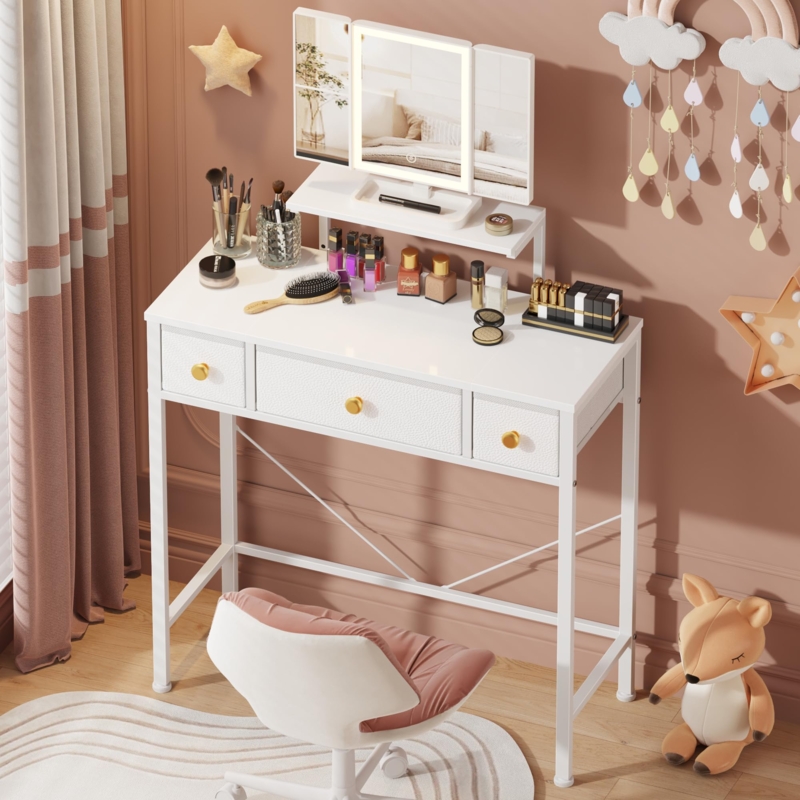 Makeup Vanity with Tri-Fold Mirror and Fabric Drawers