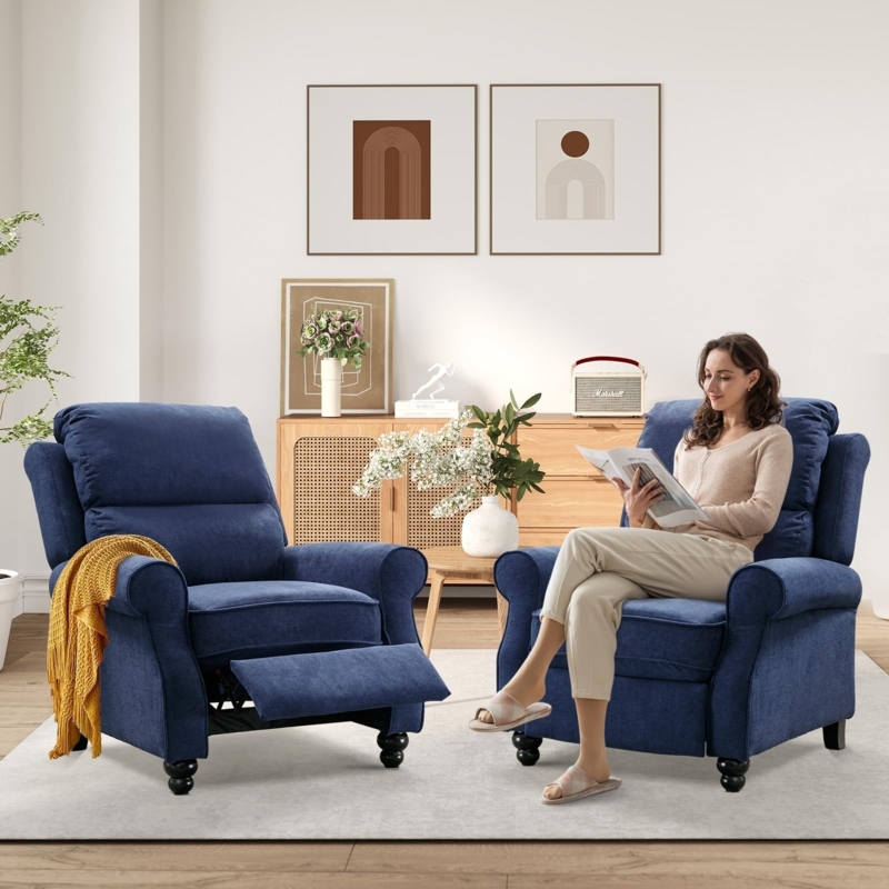 Manual Pushback Recliner Chair Set of 2 with Rolled Arms