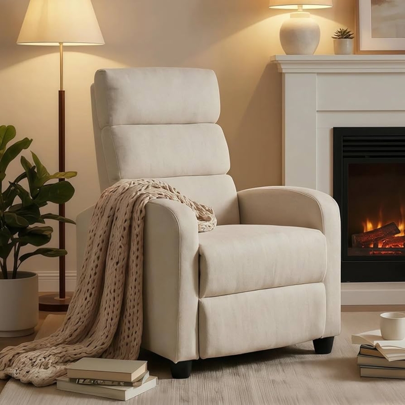 Manual Recliner Beige Chenille Texture with Tiered Backrest