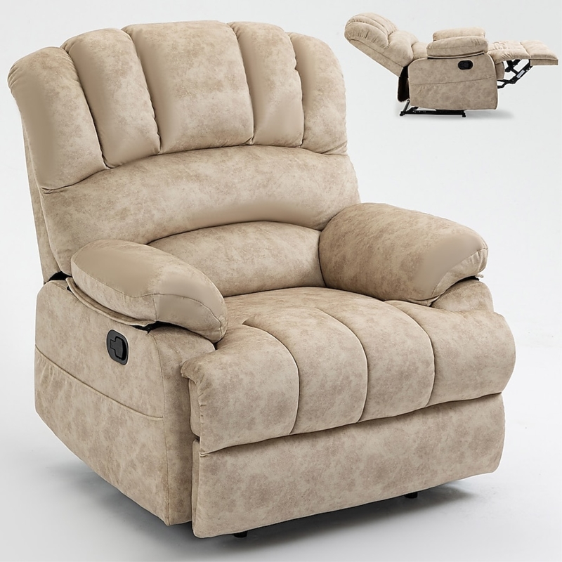 Manual Recliner Beige Velvet Segmented Back Overstuffed Armchair