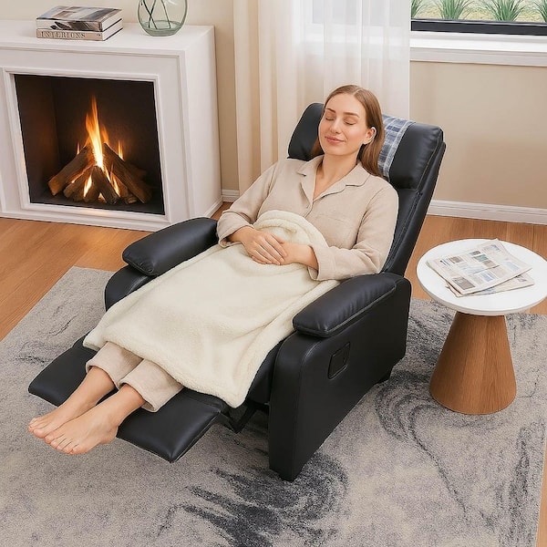 Manual Recliner Black Leather Like Adjustable Footrest Cozy Fireside