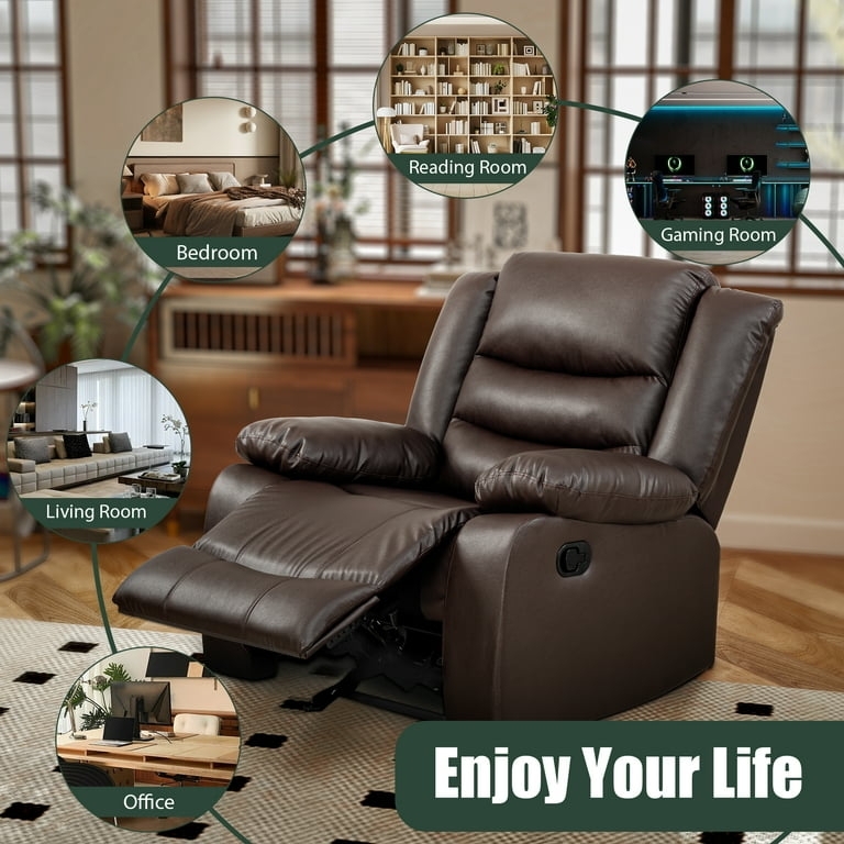 Manual Recliner Brown Leather-Look Upholstery with Split Back Cushion