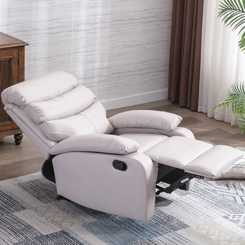 Manual Recliner Chair, Beige Leather-Like with Pillowed Back