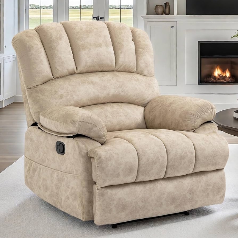 Manual Recliner Chair Beige Mottled Fabric Overstuffed Living Room