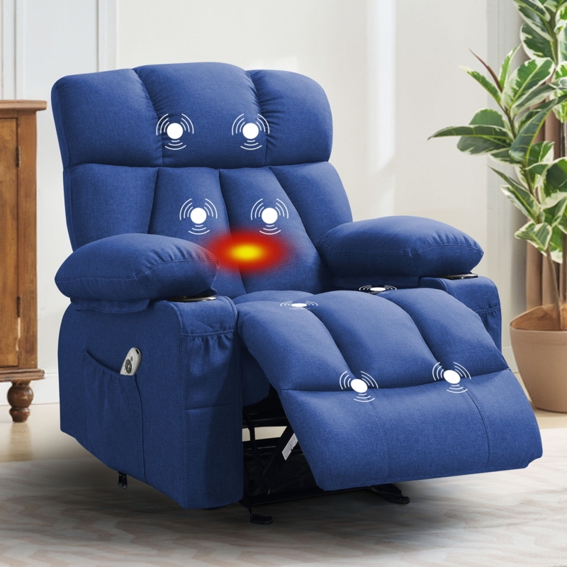 Manual Recliner Chair Navy Blue Fabric With Integrated Cup Holders