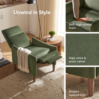 Manual Recliner Chair Olive Green Velvet Slim Profile Tapered Legs