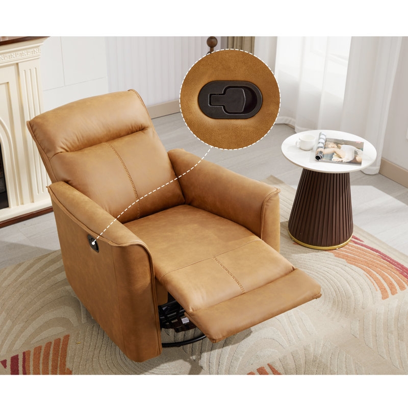 Manual Recliner Chair: Tan Leather-Like Swivel Rocker with Pull Handle