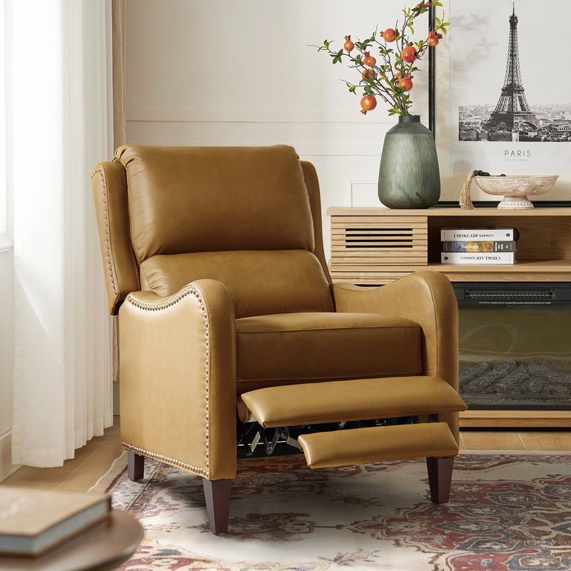 Manual Recliner Chair with Extended Footrest, Tan Nailhead Trim
