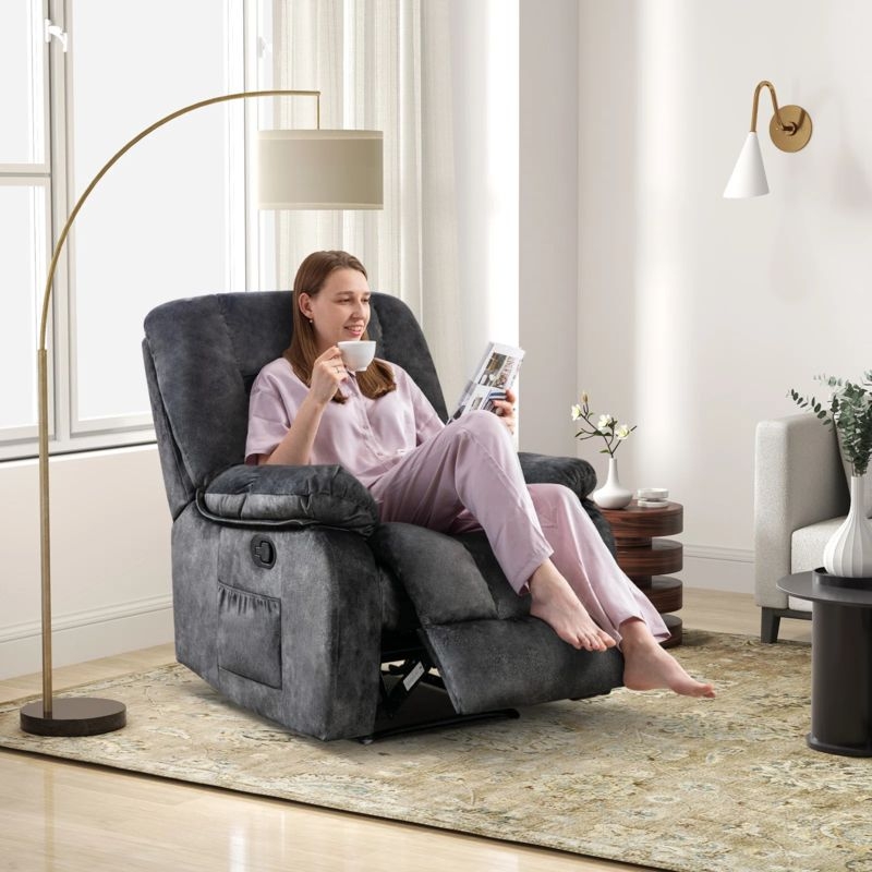 Manual Recliner Charcoal Gray Fabric with Side Storage Pocket