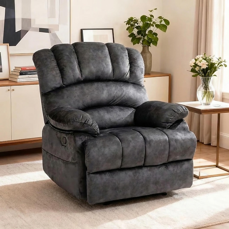 Manual Recliner Charcoal Gray Velvet Overstuffed Split Back