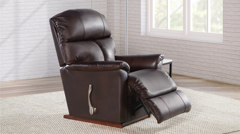 Manual Recliner Dark Brown Leather-Like Tiered Back Brushed Metal Lever