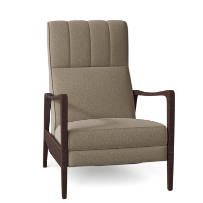 Manual Recliner Gray Fabric Channel Tufted Back Curved Wood Arms