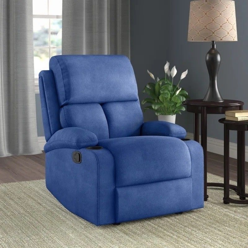 Manual Recliner in Royal Blue Velvet with Integrated Cup Holders