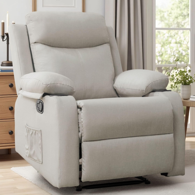 Manual Recliner Khaki Linen-Like with Cup Holders and Side Pocket