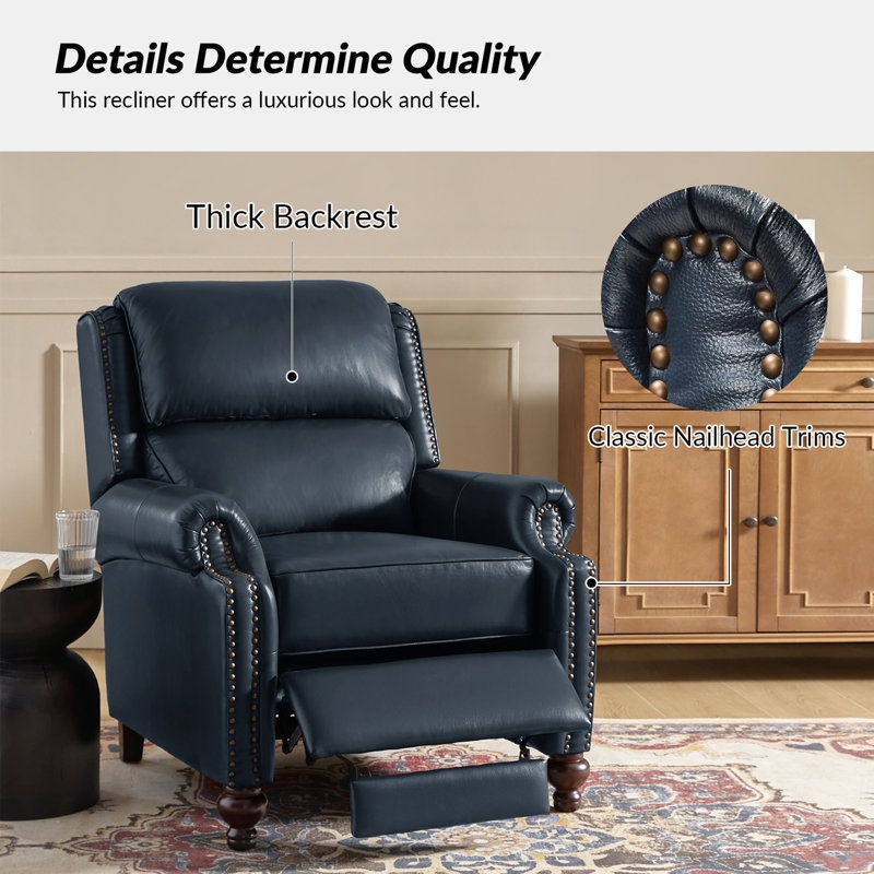 Manual Recliner Navy Blue Leather Like Rolled Arms Nailhead