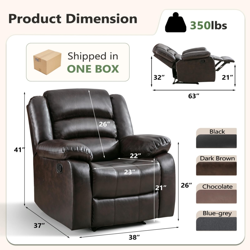 Manual Recliner Overstuffed 350lb Capacity Leather Like Chair