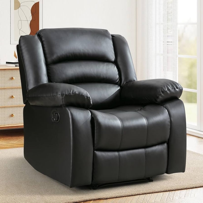 Manual Recliner Overstuffed Black Leather-Like Armchair
