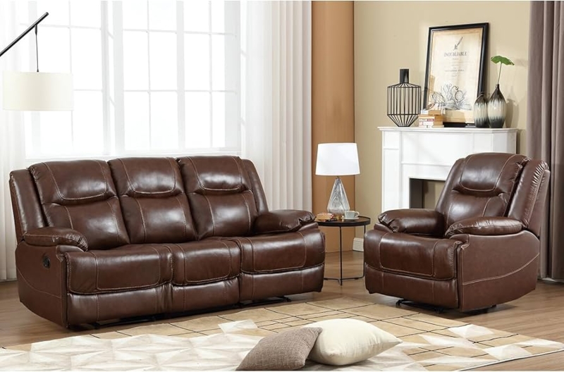 Manual Recliner Set with Overstuffed Silhouette and Padded Arms