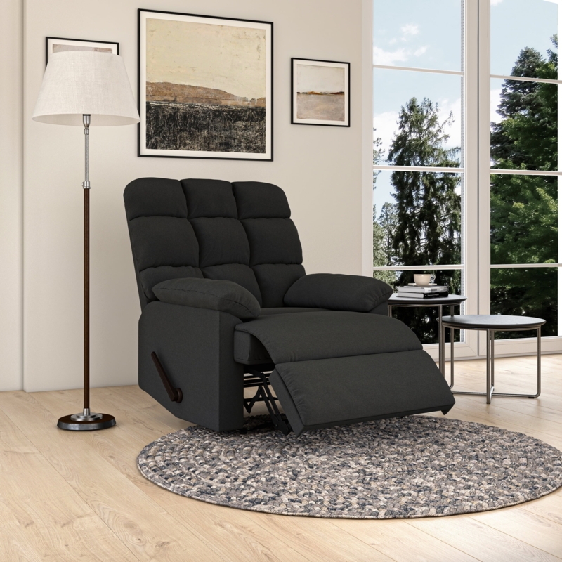 Manual Recliner Tufted Back Charcoal Gray Microfiber Lever Handle