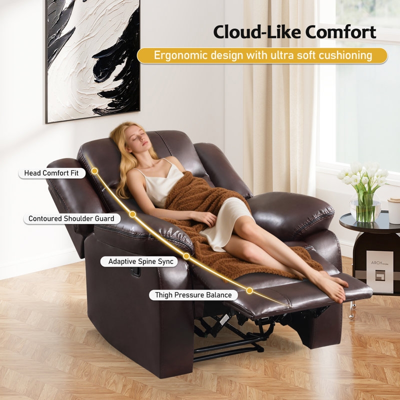 Manual Recliner with Annotated Ergonomics and Overstuffed Silhouette