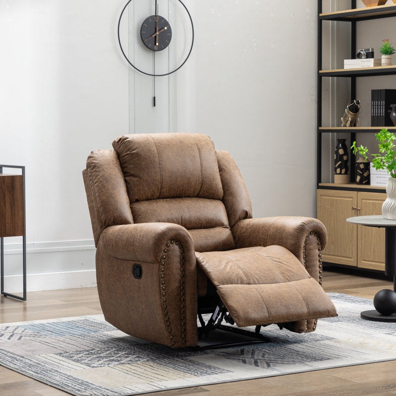 Manual Recliner with Rivets, Distressed Brown, Oversized Padding