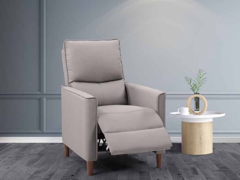 Manual Recliner with Track Arms and Tapered Wood Legs in Light Fabric