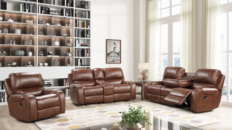 Manual Reclining Living Room Set with Console and Nailhead Trim Details