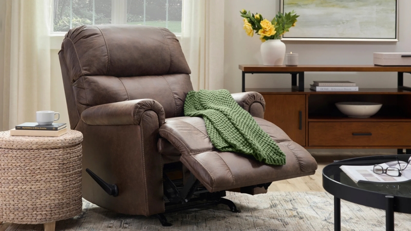 Manual Rocker Recliner Chair Chocolate Brown Leather-like Lever Handle