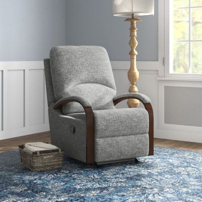 Manual Rocker Recliner Heathered Gray Curved Wood Arms