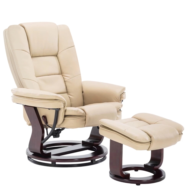Manual Swivel Recliner and Ottoman Set in Beige Leather-Like