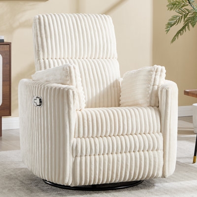 Manual Swivel Recliner, Cream Ribbed Corduroy, Rocker, Matching Pillows