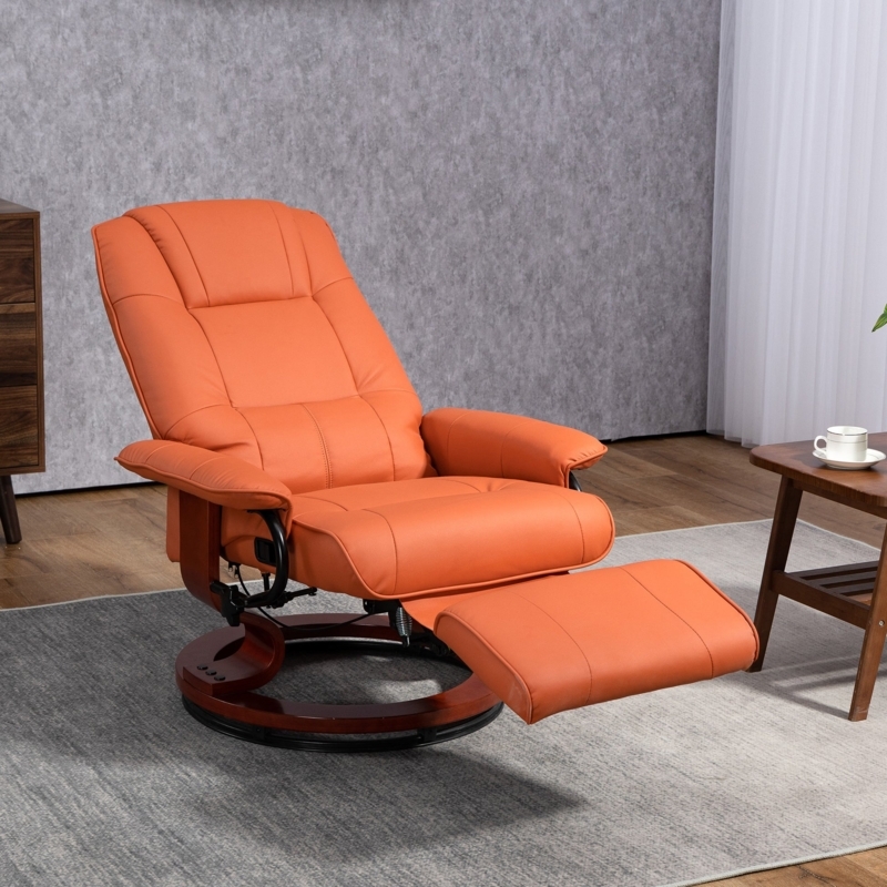Manual Swivel Recliner with Wood-Toned Base, Segmented Back Stitching
