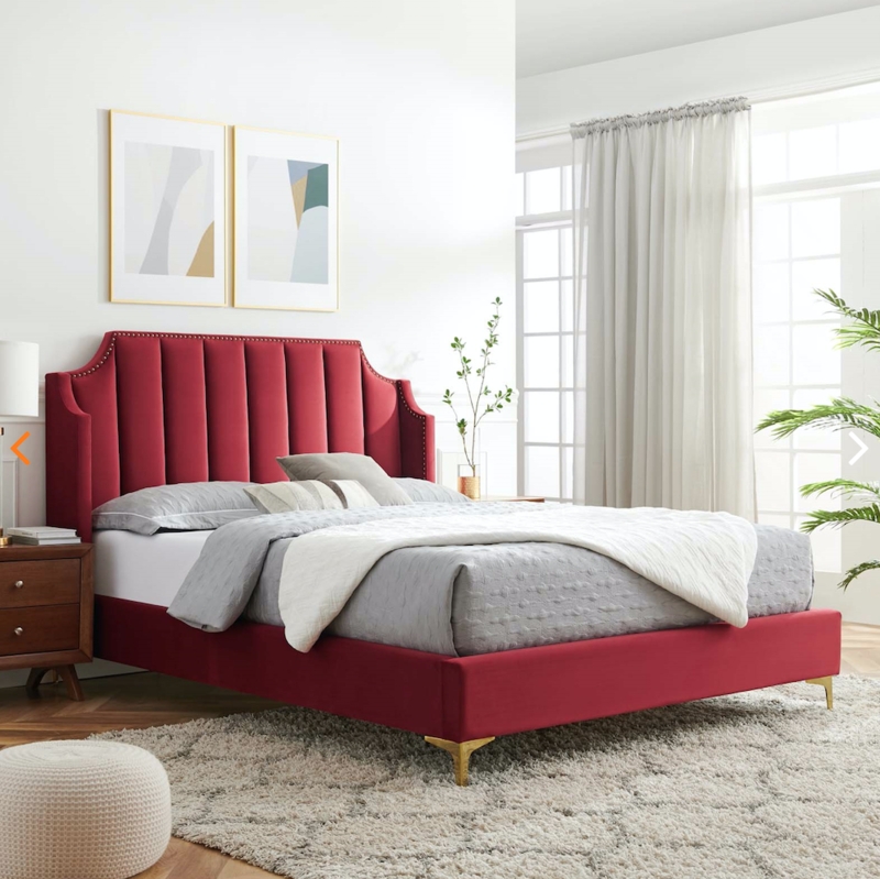 Maroon Velvet Platform Bed featuring Vertical Channeling and Gold Legs