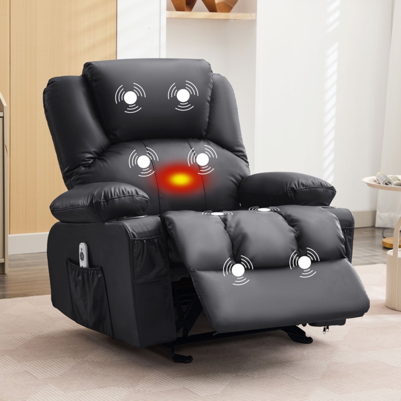 Massage Recliner Chair Black Leather-Like With Heat Therapy Glow