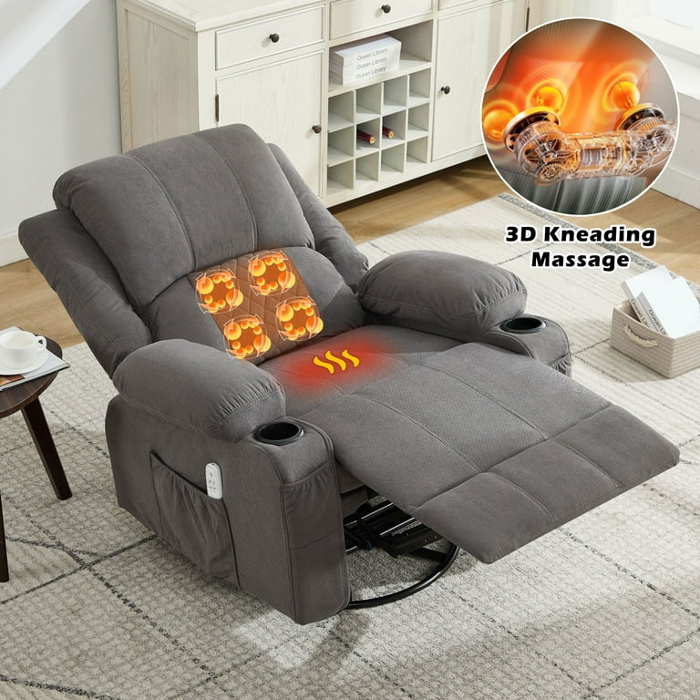 Massage Recliner Chair Charcoal Grey 3D Kneading Heat and Cup Holders