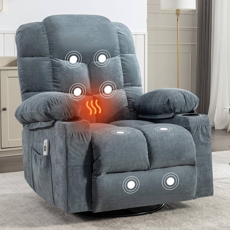 Massage Recliner Chair Grey Oversized Heated Cup Holders