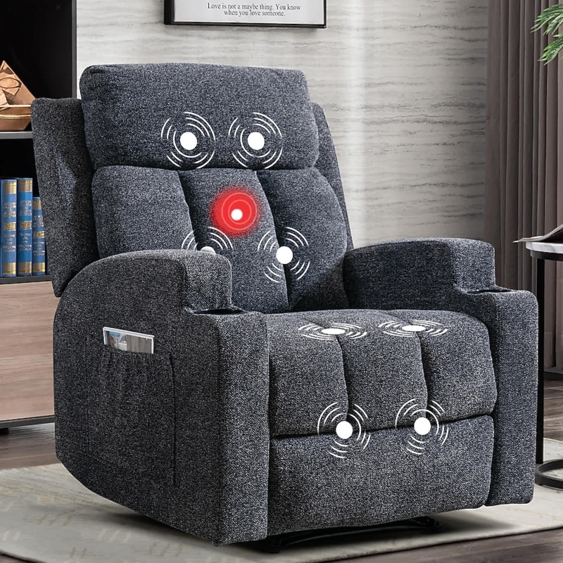 Massage Recliner Charcoal Gray Heathered Cup Holders Side Pockets