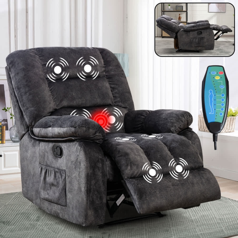 Massage Recliner Charcoal Gray Manual Recline Heated Coils