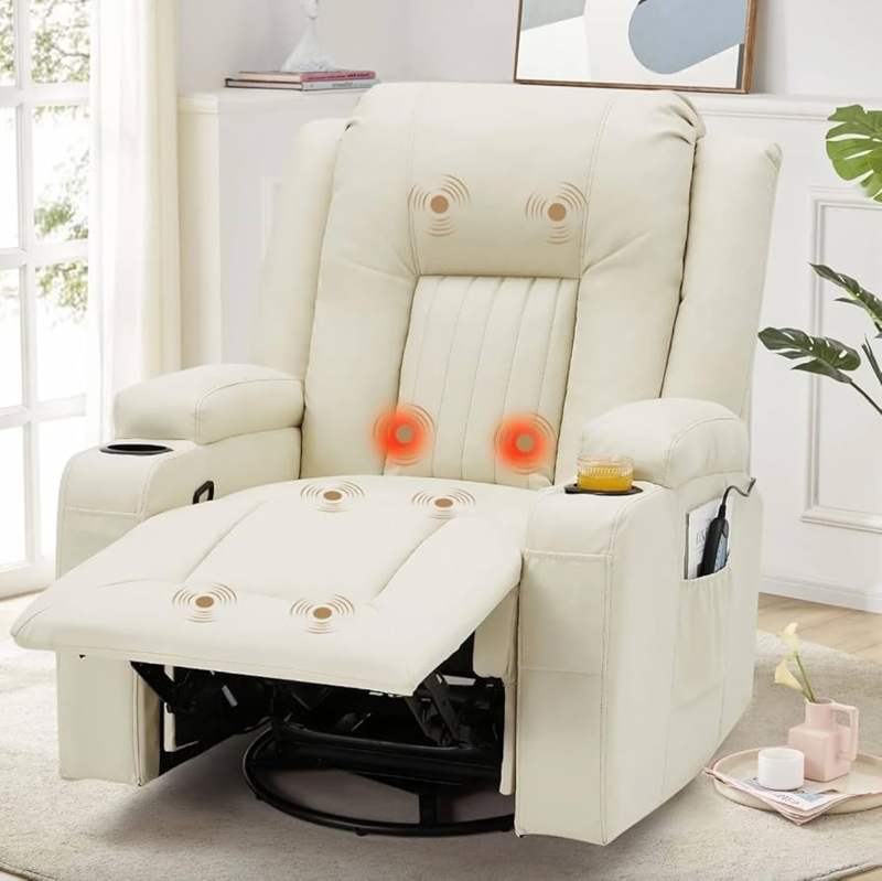 Massage Recliner with Heat Indicators and Integrated Cup Holders